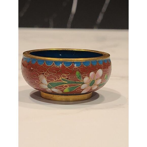 Cloisonné Open Salt Bowl Cellar Pepper Shaker Flower Enamel Brass Stacking PINK - Picture 8 of 10